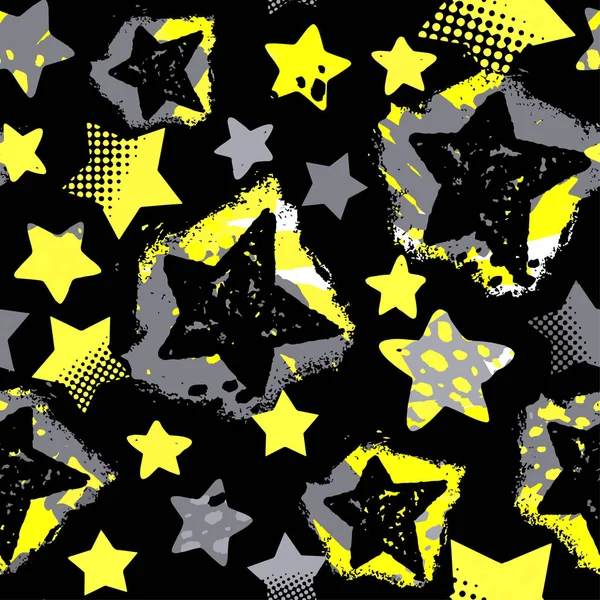 Stars Seamless Print Textile Ink Brush Strokes Design Doodle Grunge — Stock Vector