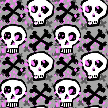 Kafatası funky sorunsuz kaba grunge desen, modern tasarım şablonu. Hipster trendy boyalı stil doku, poster farklı doodle elemanları ile. Kentsel parlak gençlik Tekstil örnek