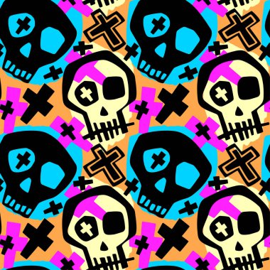 Kafatası funky erkek ve kız modern baskı giyim. Sorunsuz grafiti tarzı resim, Cadılar Bayramı arka plan duvar kağıdı