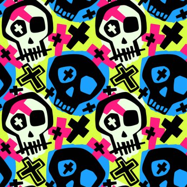 Kafatası funky erkek ve kız modern baskı giyim. Sorunsuz grafiti tarzı resim, Cadılar Bayramı arka plan duvar kağıdı