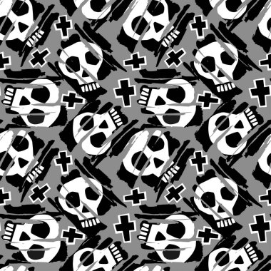 Kafatası funky sorunsuz kaba grunge desen, modern tasarım şablonu. Hipster trendy boyalı stil doku, poster farklı doodle elemanları ile. Kentsel parlak gençlik Tekstil örnek