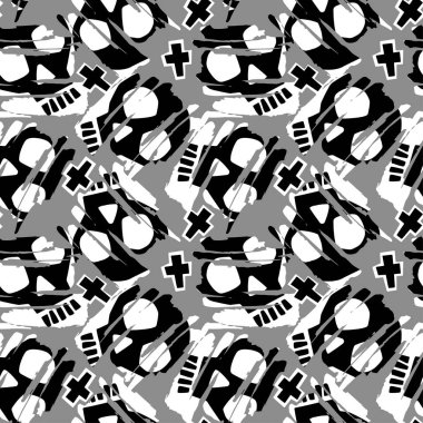 Kafatası funky sorunsuz kaba grunge desen, modern tasarım şablonu. Hipster trendy boyalı stil doku, poster farklı doodle elemanları ile. Kentsel parlak gençlik Tekstil örnek