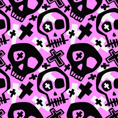 Kafatası funky erkek ve kız modern baskı giyim. Sorunsuz grafiti tarzı resim, Cadılar Bayramı arka plan duvar kağıdı