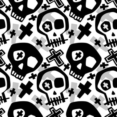 Kafatası funky erkek ve kız modern baskı giyim. Sorunsuz grafiti tarzı resim, Cadılar Bayramı arka plan duvar kağıdı