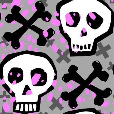 Kafatası funky sorunsuz kaba grunge desen, modern tasarım şablonu. Hipster trendy boyalı stil doku, poster farklı doodle elemanları ile. Kentsel parlak gençlik Tekstil örnek