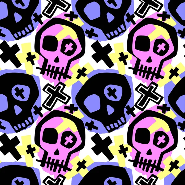 Skull Funky Boys Girls Apparel Modern Print Seamless Graffiti Style — Stock Vector