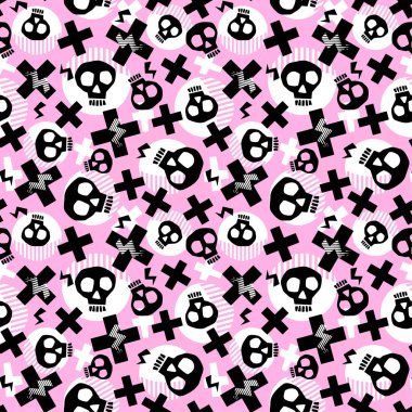 Grunge kalın boyalı funky kafatasları ile punk seamless modeli. Rock and Roll karikatür doodle yazdırma stili, gençlik parlak dinamik geometrik motif, grafiti tarzı modern triko, Mayo, tayt