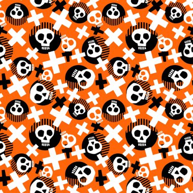 Grunge kalın boyalı funky kafatasları ile punk seamless modeli. Rock and Roll karikatür doodle yazdırma stili, gençlik parlak dinamik geometrik motif, grafiti tarzı modern triko, Mayo, tayt