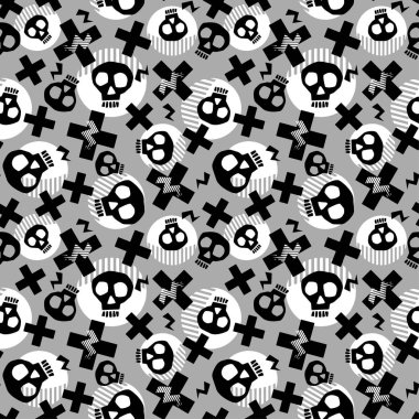 Grunge kalın boyalı funky kafatasları ile punk seamless modeli. Rock and Roll karikatür doodle yazdırma stili, gençlik parlak dinamik geometrik motif, grafiti tarzı modern triko, Mayo, tayt