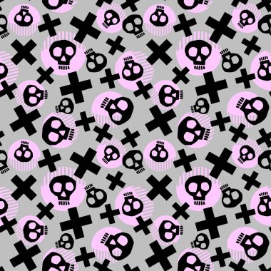 Grunge kalın boyalı funky kafatasları ile punk seamless modeli. Rock and Roll karikatür doodle yazdırma stili, gençlik parlak dinamik geometrik motif, grafiti tarzı modern triko, Mayo, tayt