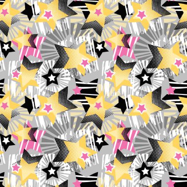 Yıldız şekiller grafiti Dikişsiz el el sanatları etkileyici mürekkep hipster desen. Funky tarzı doku Tekstil, sarma, Dekorasyon, poster, tekstil veya t-shirt baskı tasarımı için farklı karalamalar ile boyalı.