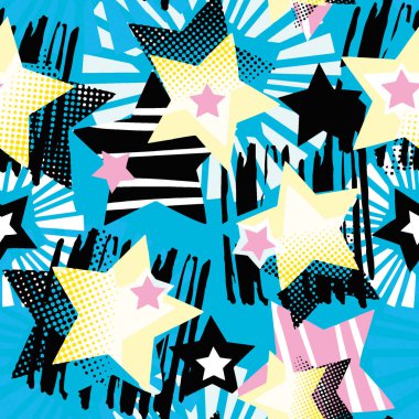 Yıldız şekiller grafiti Dikişsiz el el sanatları etkileyici mürekkep hipster desen. Funky tarzı doku Tekstil, sarma, Dekorasyon, poster, tekstil veya t-shirt baskı tasarımı için farklı karalamalar ile boyalı.