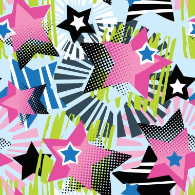 Yıldız şekiller grafiti Dikişsiz el el sanatları etkileyici mürekkep hipster desen. Funky tarzı doku Tekstil, sarma, Dekorasyon, poster, tekstil veya t-shirt baskı tasarımı için farklı karalamalar ile boyalı.