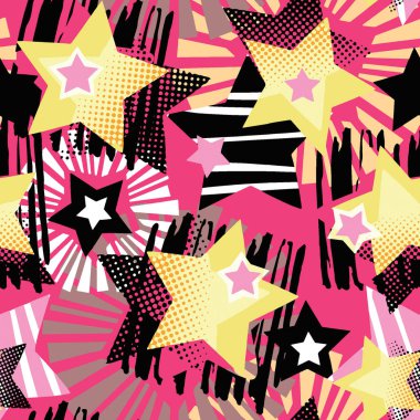 Yıldız şekiller grafiti Dikişsiz el el sanatları etkileyici mürekkep hipster desen. Funky tarzı doku Tekstil, sarma, Dekorasyon, poster, tekstil veya t-shirt baskı tasarımı için farklı karalamalar ile boyalı.