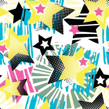 Yıldız şekiller grafiti Dikişsiz el el sanatları etkileyici mürekkep hipster desen. Funky tarzı doku Tekstil, sarma, Dekorasyon, poster, tekstil veya t-shirt baskı tasarımı için farklı karalamalar ile boyalı.