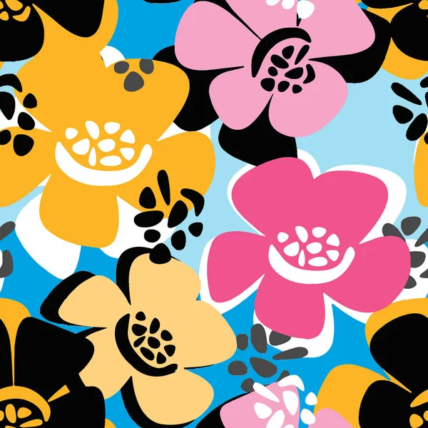 Spring Flowers Seamless Vector Pattern Funky Style Painted Texture Poster — Stock Vector
