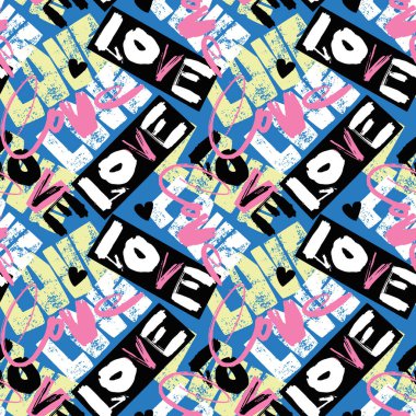 Aşk sorunsuz kızlar motivasyon desen. Funky t-shirt baskı yürekleri ve farklı öğeleri, trendy boyalı stil doku doodle. Tekstil ve kumaş için komik duvar kağıdı. Moda stil giyim tasarım