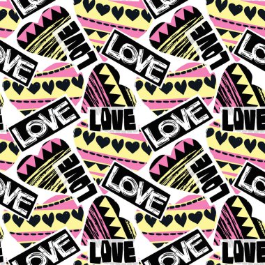 Aşk sorunsuz kızlar motivasyon desen. Funky t-shirt baskı yürekleri ve farklı öğeleri, trendy boyalı stil doku doodle. Tekstil ve kumaş için komik duvar kağıdı. Moda stil giyim tasarım