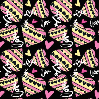 Aşk sorunsuz kızlar motivasyon desen. Funky t-shirt baskı yürekleri ve farklı öğeleri, trendy boyalı stil doku doodle. Tekstil ve kumaş için komik duvar kağıdı. Moda stil giyim tasarım