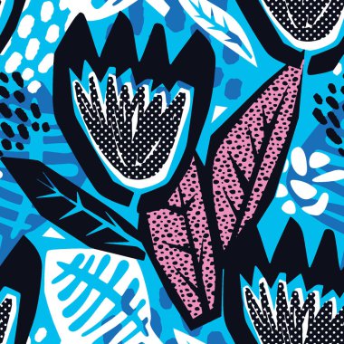 Çiçek oyma sorunsuz kaba Yazdır, modern sorunsuz tasarım şablonu. Geometrik eğri trendy tarzı doku, poster farklı doodle elemanları ile boyalı. İç, kumaş, Tekstil için mükemmel