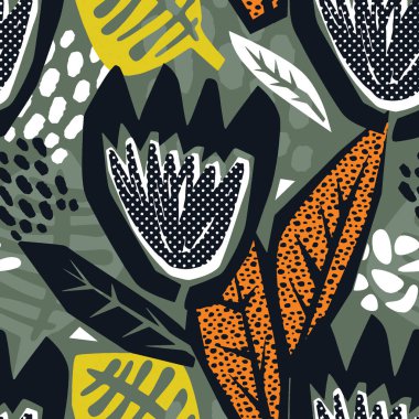 Çiçek oyma sorunsuz kaba Yazdır, modern sorunsuz tasarım şablonu. Geometrik eğri trendy tarzı doku, poster farklı doodle elemanları ile boyalı. İç, kumaş, Tekstil için mükemmel