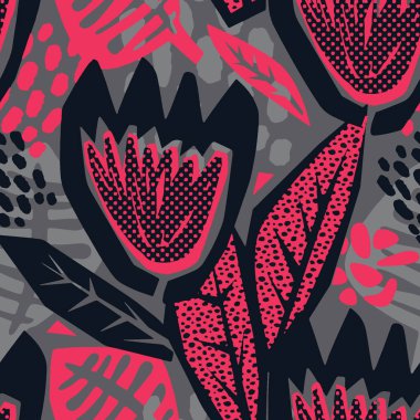 Çiçek oyma sorunsuz kaba Yazdır, modern sorunsuz tasarım şablonu. Geometrik eğri trendy tarzı doku, poster farklı doodle elemanları ile boyalı. İç, kumaş, Tekstil için mükemmel