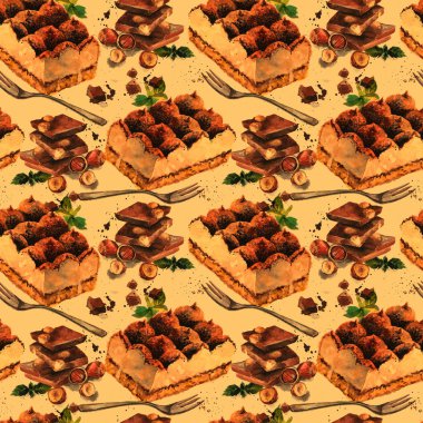 Sulu boya resimde tiramisu el çekilmiş.