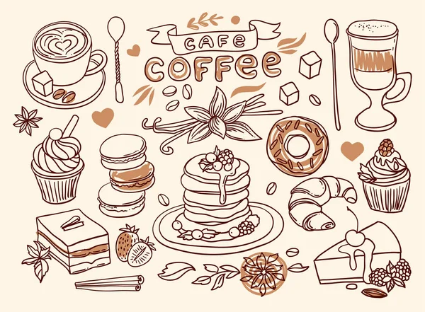 Bella mano disegnato vettore illustrazione caffè e dolci . — Vettoriale Stock