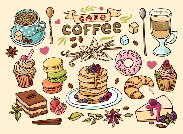 Όμορφη χέρι διανυσματικά εικονογράφηση καφές και γλυκά. — Διανυσματικό Αρχείο