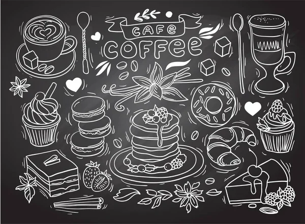 Mooie hand getekend vector illustratie koffie en snoep. — Stockvector