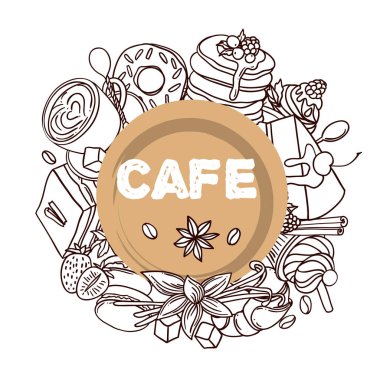 Vektör çizim kahve ve tatlı güzel el çekilmiş. 