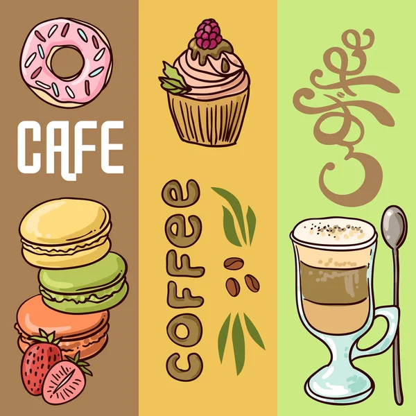 Hermosa ilustración vectorial dibujado a mano café y dulces . — Vector de stock