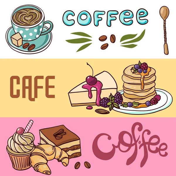 Beautiful hand drawn vector illustration coffee and sweets. — Stock Vector