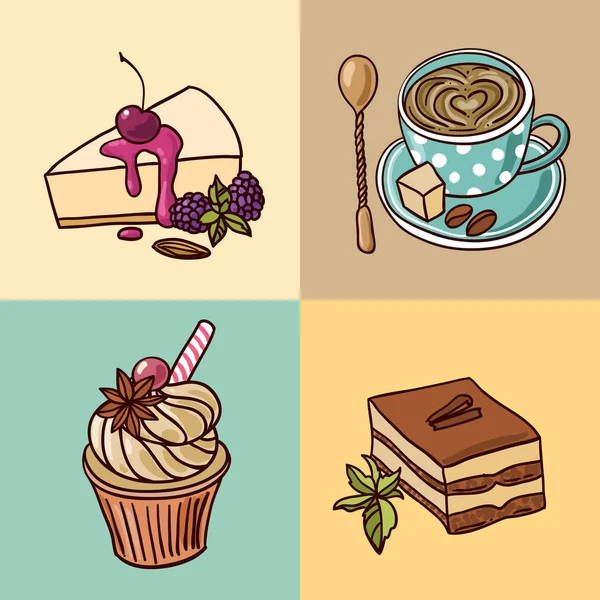 Hermosa ilustración vectorial dibujado a mano café y dulces . — Archivo Imágenes Vectoriales