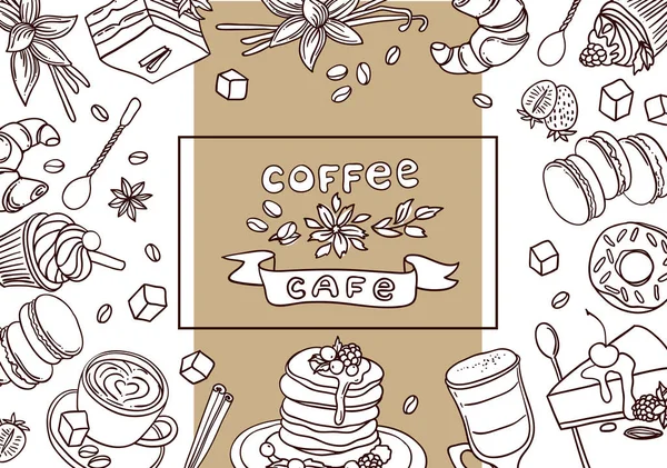 Bella mano disegnato vettore illustrazione caffè e dolci . — Vettoriale Stock