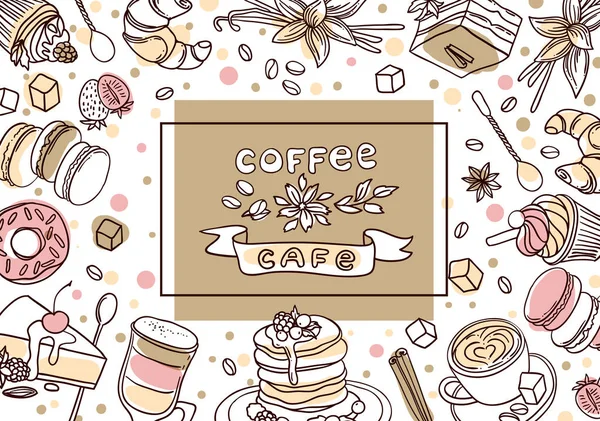 Hermosa ilustración vectorial dibujado a mano café y dulces . — Archivo Imágenes Vectoriales