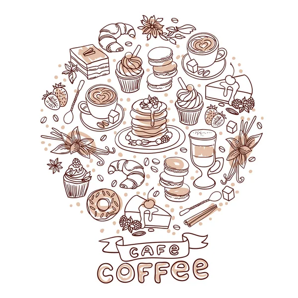 Mooie hand getekend vector illustratie koffie en snoep. — Stockvector