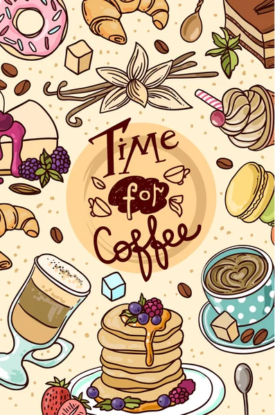 Schöne handgezeichnete Vektorillustration Kaffee und Süßigkeiten. — Stockvektor