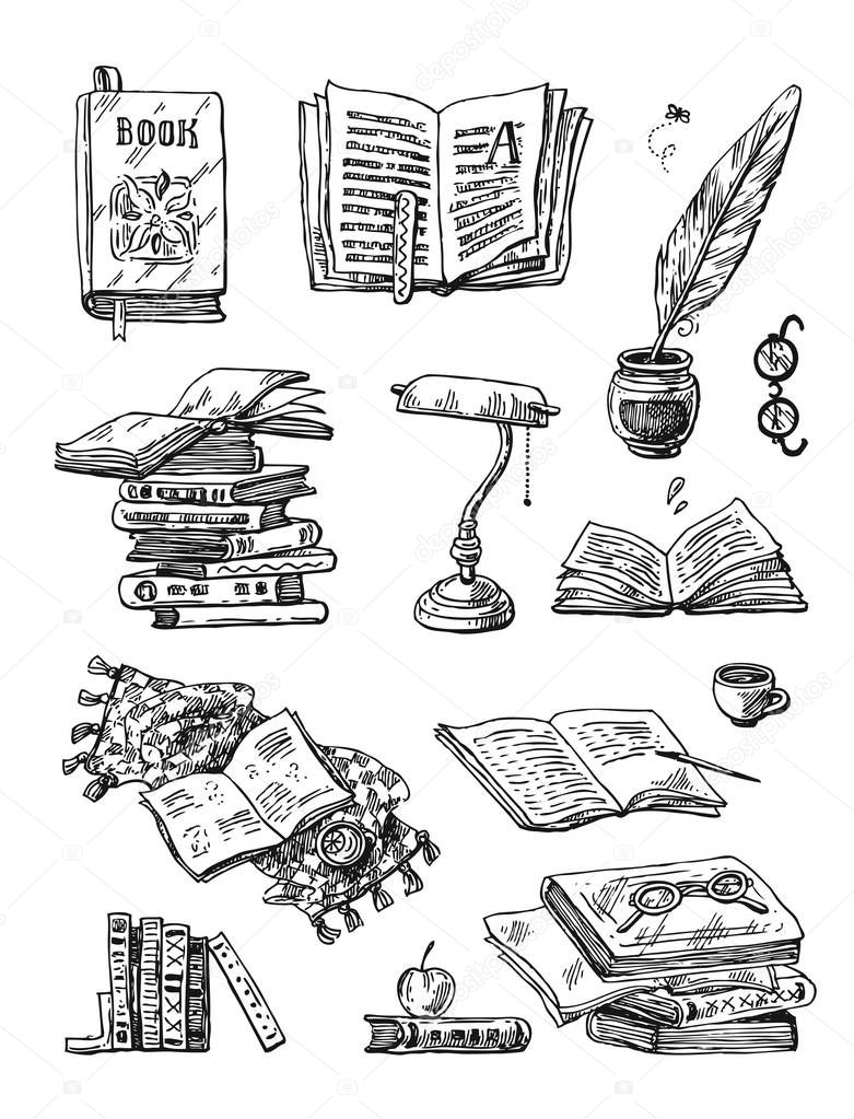 Beautiful hand drawn set of vector illustration reading the book