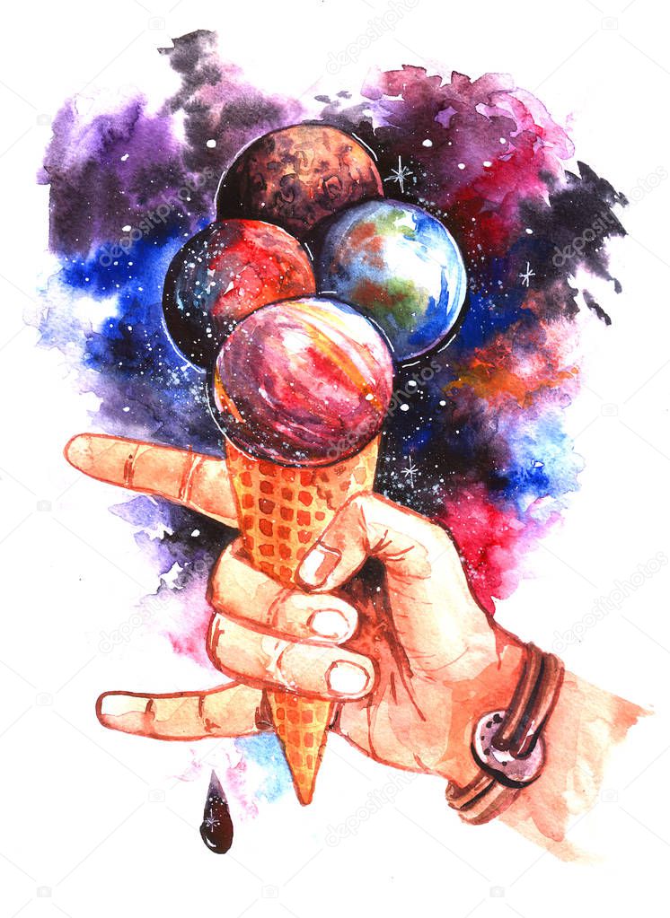 Hand drawn watercolor illustration space ice cream. 