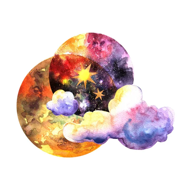 Beautiful hand drawn watercolor picture moon and cloudi — Stock Photo, Image