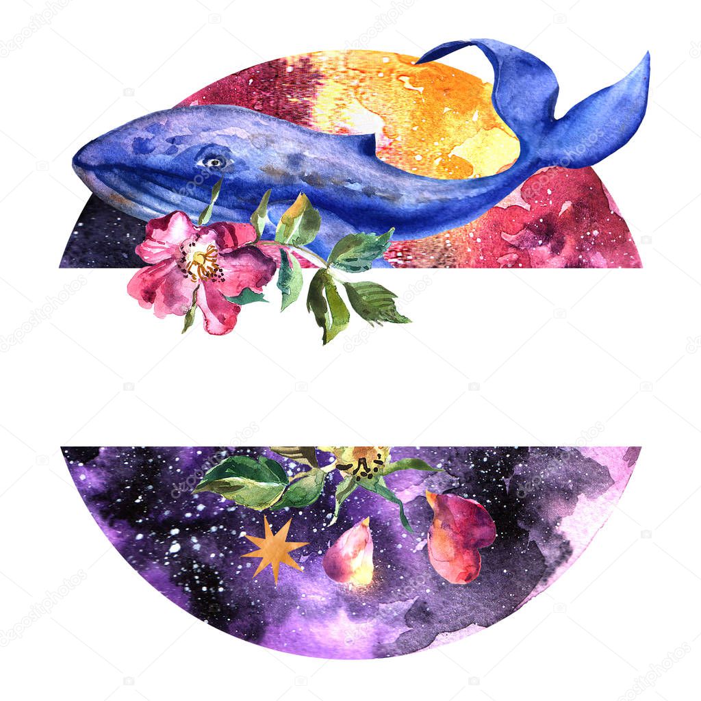 Hand drawn beautiful watercolor illustration space, whale and rose.