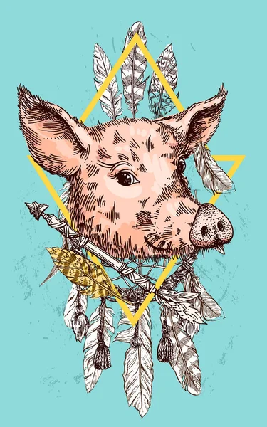 Dibujo dibujado a mano ilustración vector cerdo. Símbolo del año nuevo 2019 — Archivo Imágenes Vectoriales