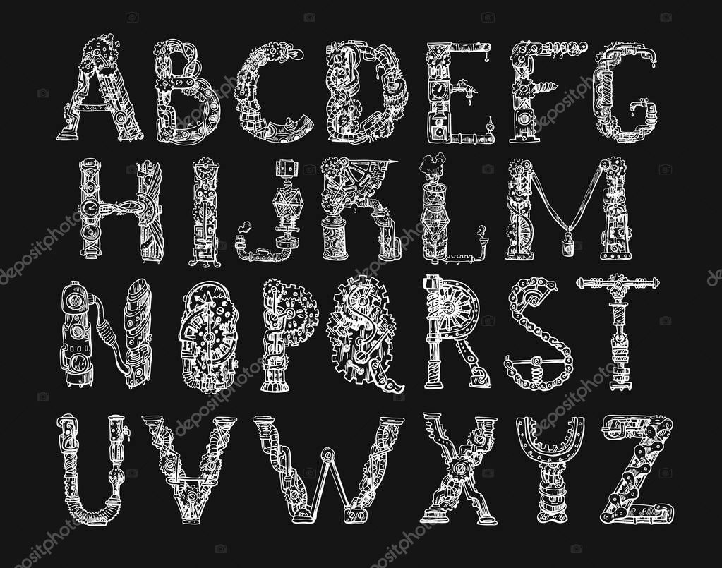 Graphic mechanical hand drawn alphabet. Steampunk style letters for your logo.