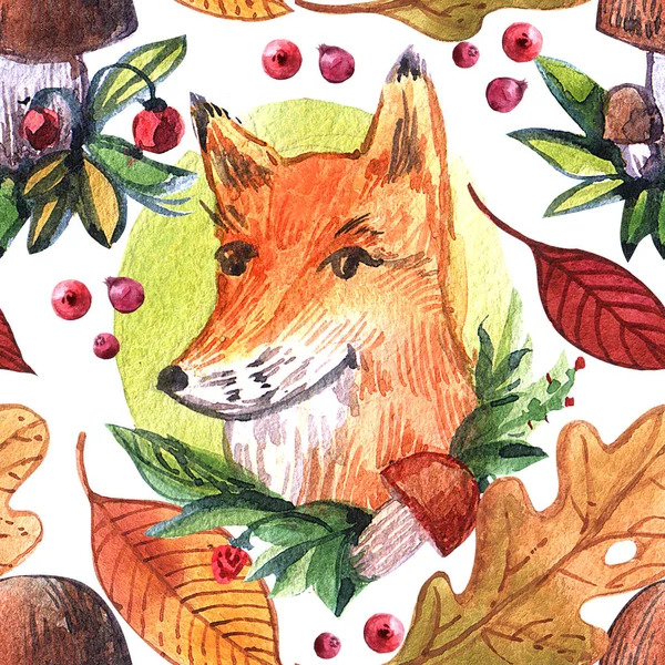 Beautiful hand drawn watercolor seamless pattern with fox — Stock Photo, Image