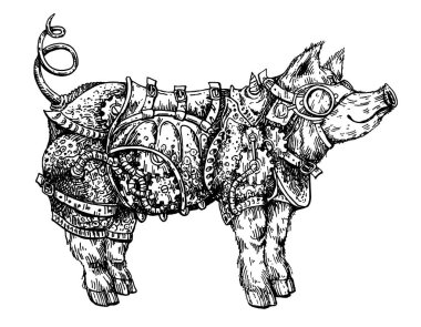 El vektör çizim steampunk domuz çekilmiş. Kroki tarzı drawi