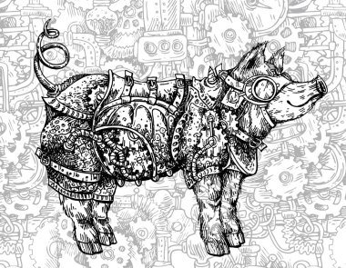 El vektör çizim steampunk domuz çekilmiş. Kroki tarzı drawi