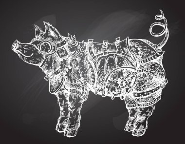 El vektör çizim steampunk domuz çekilmiş. Kroki tarzı drawi