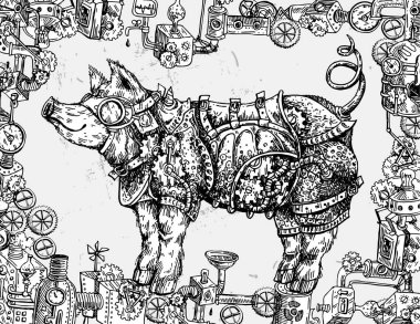 El vektör çizim steampunk domuz çekilmiş. Kroki tarzı drawi