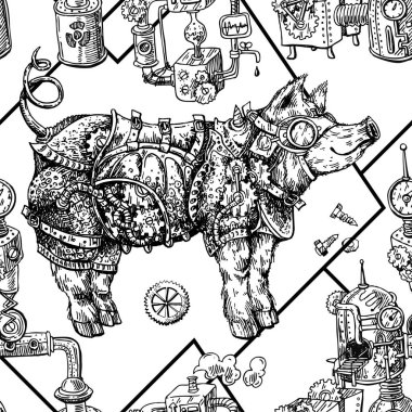 El vektör çizim steampunk domuz çekilmiş. Kroki tarzı drawi